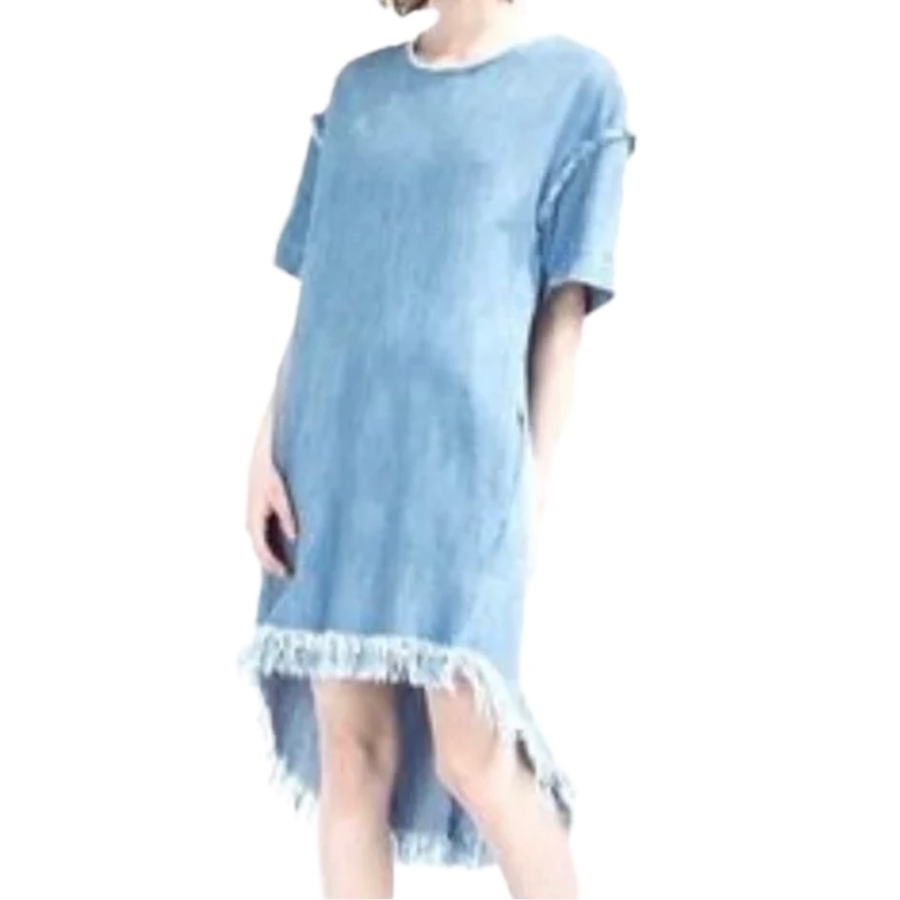 ZARA Blue Denim Frayed High-Low Hem Dress